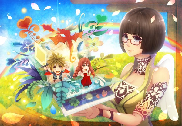 Anime picture 1400x966 with original bounin short hair open mouth black hair blonde hair red hair flying chibi curly hair girl plant (plants) wings glasses book (books) microphone dragon