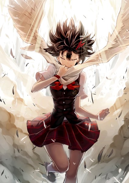 Anime picture 1061x1500 with original scottie (phantom2) single tall image short hair black hair eyes closed wind dust girl skirt hair ornament miniskirt shirt wings socks scarf white socks feather (feathers) vest