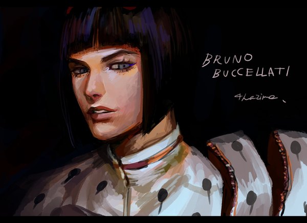 Anime picture 2200x1600 with jojo no kimyou na bouken bruno buccellati meron nouka single fringe highres short hair black hair simple background signed looking away upper body blunt bangs parted lips lips grey eyes character names black background eyebrows boy