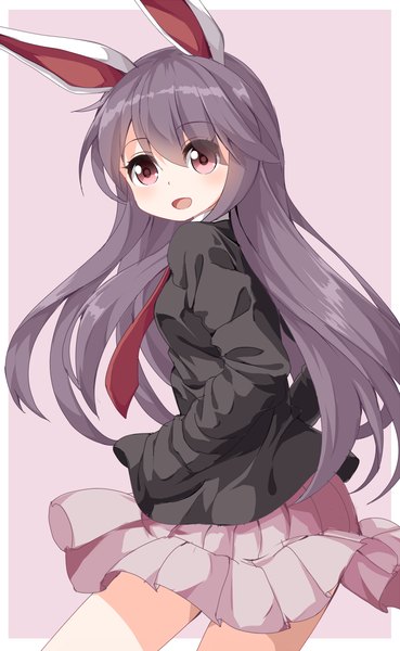 Anime picture 738x1200 with touhou reisen udongein inaba ruu (tksymkw) single long hair tall image blush open mouth simple background animal ears looking away pink eyes grey hair bunny ears border outside border hands in pockets girl skirt