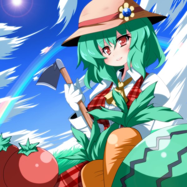 Anime picture 1600x1600 with touhou kazami yuuka oborotsuki kakeru single short hair red eyes cloud (clouds) green hair girl hat