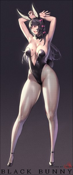 Anime picture 950x2250 with original nightmadness single long hair tall image breasts light erotic black hair large breasts standing animal ears looking away pink eyes armpit (armpits) bunny ears fake animal ears arms behind head thick thighs girl bow