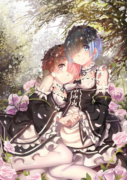 Anime picture 1000x1414 with re:zero kara hajimeru isekai seikatsu white fox rem (re:zero) ram (re:zero) yeluno meng tall image fringe short hair blue eyes multiple girls blue hair pink hair pink eyes hair over one eye maid girl dress uniform flower (flowers) 2 girls