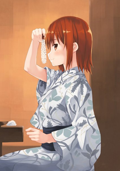 Anime picture 777x1100 with original akatsuki miho kouno hikaru single tall image blush short hair brown eyes traditional clothes japanese clothes profile orange hair girl food kimono