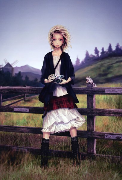 Anime picture 3000x4410 with original redjuice single tall image highres blue eyes blonde hair sky full body wind mountain landscape nature scan artifacts hill girl dress skirt plant (plants) animal