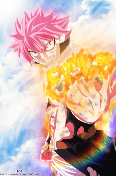 Anime picture 727x1100 with fairy tail natsu dragneel the103orjagrat single tall image short hair smile yellow eyes pink hair sky cloud (clouds) sunlight sleeveless grin coloring torn clothes magic muscle boy scarf