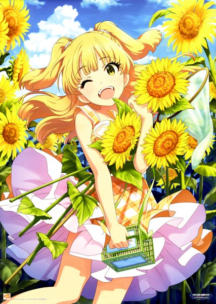 Anime picture 3640x5115 with idolmaster idolmaster cinderella girls jougasaki rika single long hair tall image highres open mouth blonde hair green eyes absurdres sky cloud (clouds) one eye closed wink scan two side up ;d girl dress