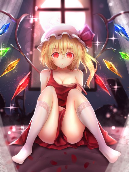 Anime picture 1157x1548 with touhou flandre scarlet sinkai single tall image looking at viewer fringe breasts light erotic blonde hair hair between eyes red eyes sitting cleavage full body indoors :o sparkle depth of field no shoes