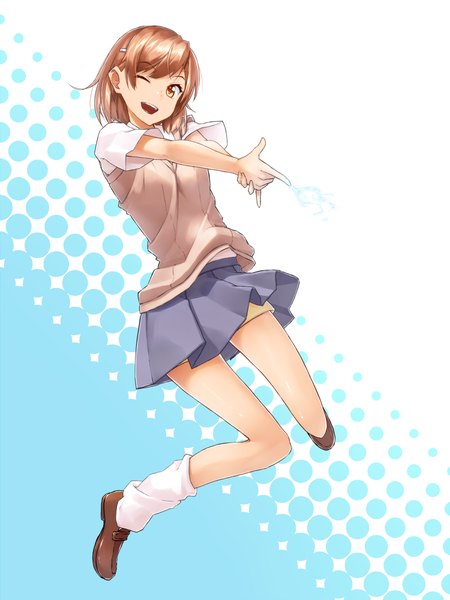 Anime picture 900x1200 with to aru kagaku no railgun j.c. staff misaka mikoto sh single tall image short hair open mouth brown hair brown eyes one eye closed wink lightning biribiri girl skirt uniform school uniform socks shoes