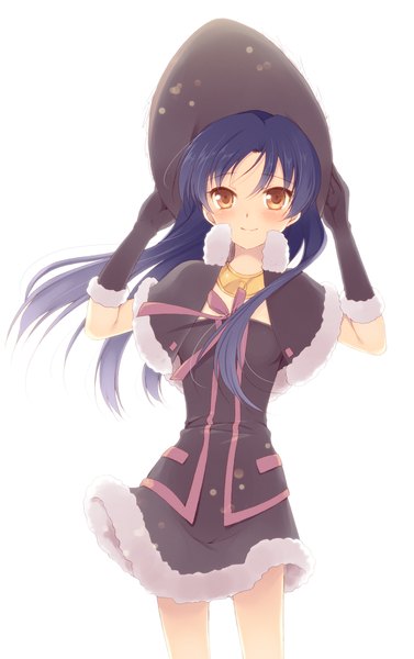 Anime picture 629x1000 with idolmaster kisaragi chihaya komi zumiko single long hair tall image blush simple background smile white background brown eyes blue hair adjusting hat cute & girly (idolmaster) gothic princess (idolmaster) girl dress gloves hat