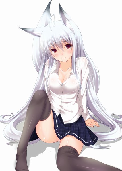 Anime picture 1000x1399 with original second heaven long hair tall image blush breasts light erotic simple background red eyes white background sitting animal ears silver hair tail very long hair fox ears fox tail girl thighhighs uniform