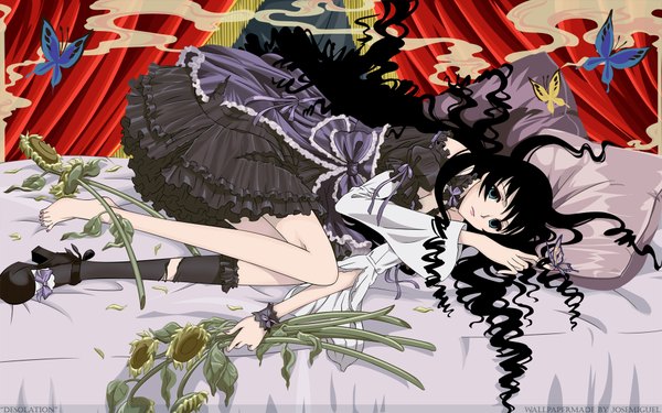 Anime picture 1920x1200 with xxxholic clamp kunogi himawari highres black hair wide image curly hair girl dress insect butterfly sunflower