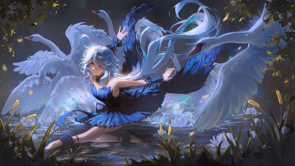 Anime picture 2400x1350 with genshin impact furina (genshin impact) zieru single long hair looking at viewer fringe highres blue eyes hair between eyes wide image bare shoulders signed silver hair full body nail polish multicolored hair alternate costume streaked hair floating hair