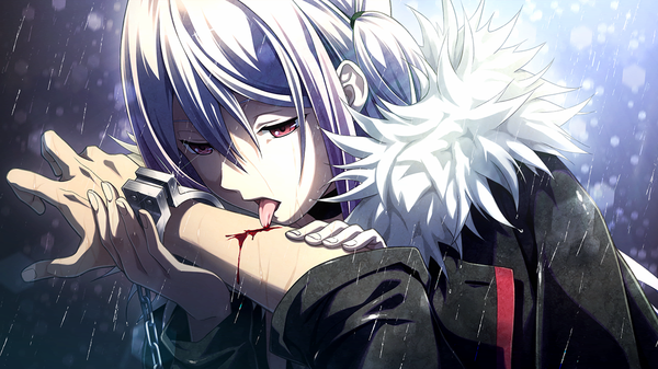 Anime picture 1280x720 with disorder 6 shiina (disorder 6) long hair red eyes wide image game cg white hair girl jacket blood chain handcuffs
