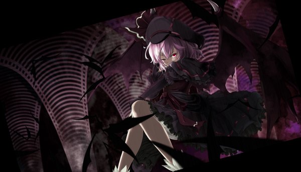 Anime picture 1200x685 with touhou remilia scarlet shiina shian single looking at viewer short hair red eyes wide image sitting purple hair one eye closed wink bat wings girl dress gloves animal wings elbow gloves black dress