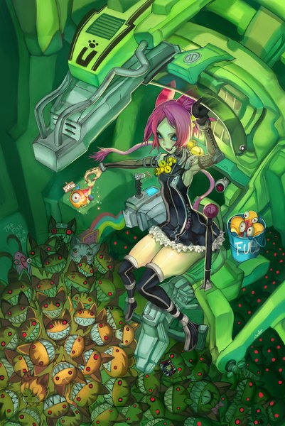 Anime picture 1500x2241 with original elsevilla long hair tall image blue eyes sitting animal ears pink hair tail nail polish teeth fang (fangs) girl detached sleeves thigh boots bell cat fish (fishes)