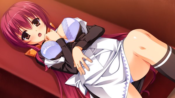 Anime picture 1280x720 with dracu-riot! yuzusoft inamura rio long hair blush breasts open mouth light erotic red eyes wide image game cg red hair girl socks black socks