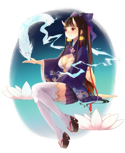 Anime picture 816x1000 with original nemunemu (bluelight5) muko single long hair tall image blush fringe breasts black hair smile cleavage traditional clothes japanese clothes horn (horns) orange eyes oni horns girl thighhighs skirt