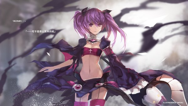 Anime picture 1418x798 with elsword aisha landar swd3e2 single long hair looking at viewer wide image purple eyes twintails purple hair outdoors wind blurry bare belly girl skirt navel ribbon (ribbons) hair ribbon miniskirt