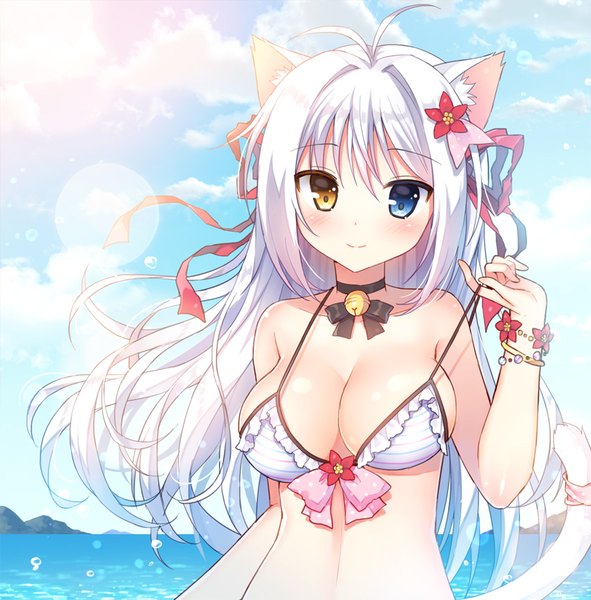 Anime picture 840x853 with original aina rive mauve single long hair tall image looking at viewer blush fringe breasts blue eyes light erotic smile hair between eyes large breasts bare shoulders animal ears yellow eyes cloud (clouds) upper body