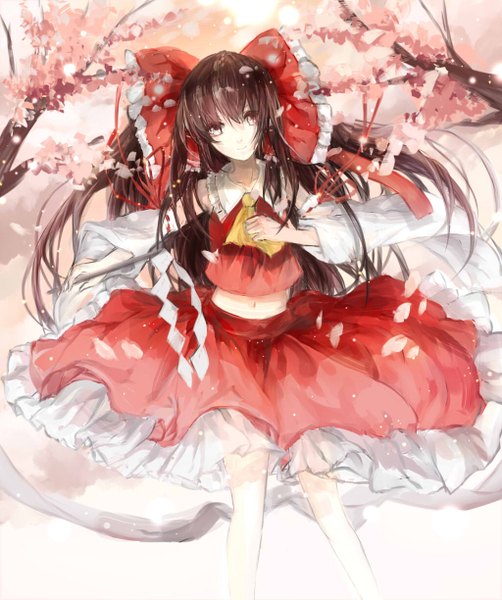 Anime picture 1024x1224 with touhou hakurei reimu sa'yuki single long hair tall image looking at viewer fringe smile brown hair standing brown eyes traditional clothes wide sleeves miko girl skirt navel flower (flowers) bow