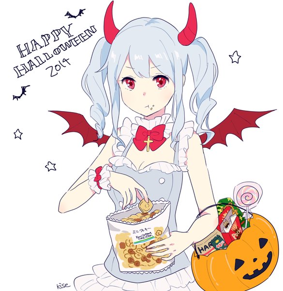 Anime picture 1000x1026 with original kise (swimmt) single long hair tall image looking at viewer simple background red eyes white background twintails signed silver hair horn (horns) inscription halloween eating bat wings happy halloween 2014 girl