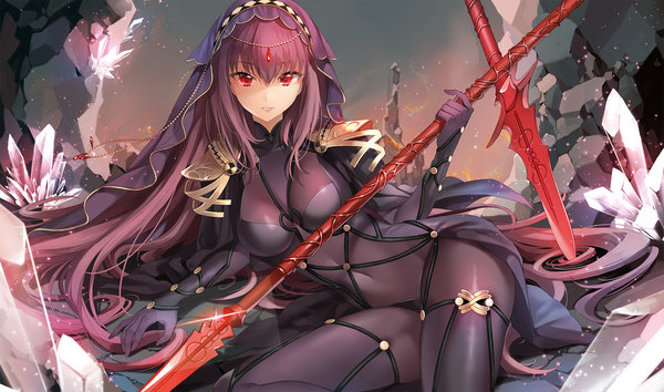 Anime picture 2000x1180 with fate (series) fate/grand order scathach (fate) (all) scathach (fate) ice (ice aptx) single long hair looking at viewer highres breasts light erotic red eyes wide image purple hair girl dress weapon crystal