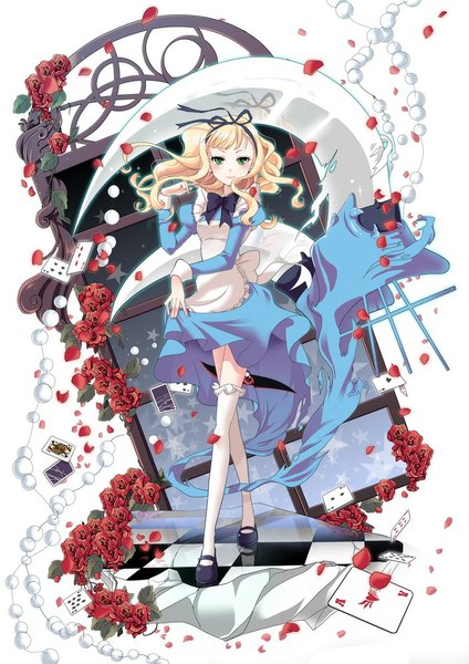 Anime picture 707x1000 with alice in wonderland alice (wonderland) hiiro (kikokico) single long hair tall image looking at viewer blush blonde hair green eyes girl thighhighs dress flower (flowers) petals white thighhighs rose (roses) card (cards)