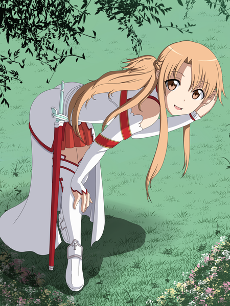 Anime picture 2448x3264 with sword art online a-1 pictures yuuki asuna niyang53 single long hair tall image highres open mouth brown hair brown eyes girl thighhighs weapon detached sleeves white thighhighs sword
