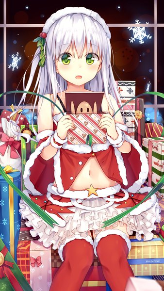 Anime picture 2300x4086 with original mitoko (tsuchikure) tsuchikure (3105mitoko) single long hair tall image looking at viewer blush fringe highres open mouth hair between eyes green eyes white hair indoors christmas girl thighhighs skirt navel