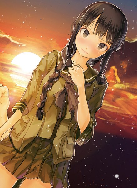 Anime picture 800x1093 with original yae (mono110) single long hair tall image looking at viewer blush black hair standing twintails brown eyes sky cloud (clouds) braid (braids) pleated skirt sunlight single braid evening short twintails snowing