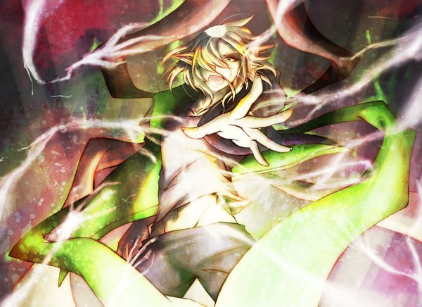 Anime picture 1200x873 with cardfight!! vanguard dark mage badhabh caar single long hair fringe open mouth blonde hair green eyes yellow eyes pointy ears hair over one eye midriff magic spread arms boy navel scarf pants hand