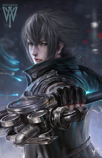 Anime picture 800x1236 with final fantasy final fantasy xv square enix noctis lucis caelum wizyakuza single tall image short hair signed grey hair realistic grey eyes glow boy gloves weapon fingerless gloves coat
