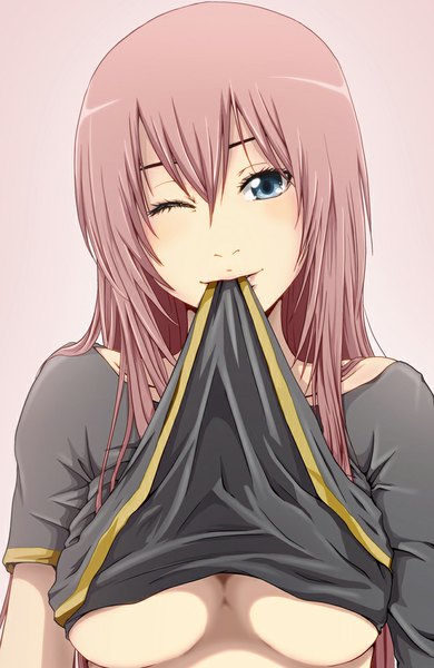 Anime picture 650x1000 with vocaloid megurine luka no10 (artist) single long hair tall image fringe breasts blue eyes light erotic holding pink hair one eye closed light smile wink no bra mouth hold girl