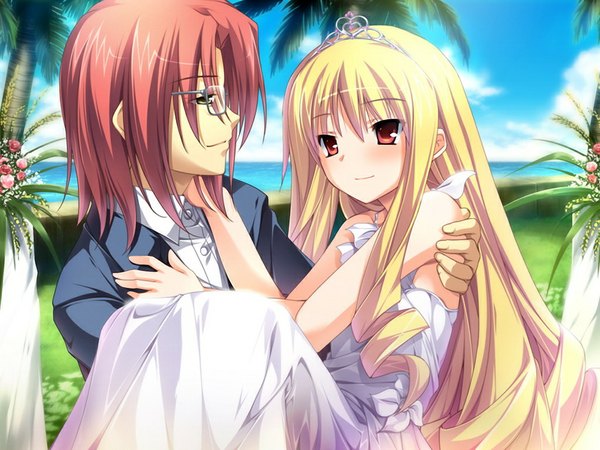 Anime picture 1024x768 with hana to otome ni shukufuku wo hana to otome ni shukufuku o royal bouquet blonde hair red eyes game cg red hair girl boy glasses
