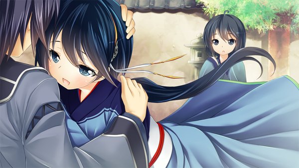 Anime picture 1280x720 with sengoku hime long hair short hair open mouth blue eyes black hair wide image multiple girls game cg girl 2 girls