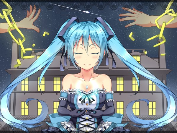 Anime picture 1920x1440 with vocaloid hatsune miku kd (artist) long hair highres smile twintails bare shoulders blue hair eyes closed girl dress gloves ribbon (ribbons) hair ribbon elbow gloves chain