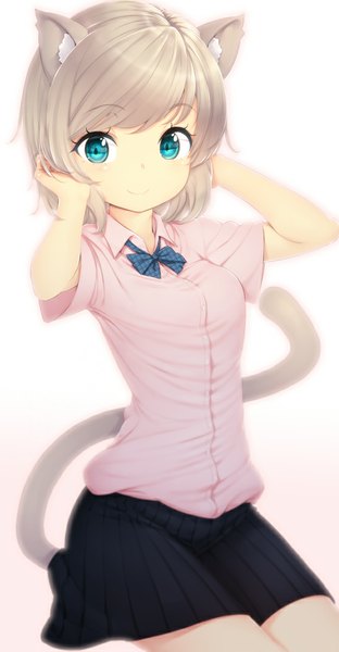 Anime picture 547x1050 with original zizi (zz22) single tall image looking at viewer short hair simple background blonde hair smile white background sitting animal ears tail animal tail aqua eyes cat ears cat tail adjusting hair hands on head girl