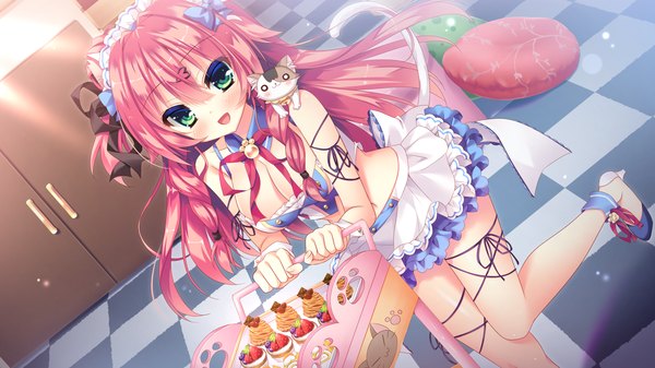 Anime picture 2048x1152 with wan nyan a la mode! nekohara korone nae-nae single long hair looking at viewer blush fringe highres breasts open mouth light erotic wide image large breasts green eyes animal ears pink hair game cg tail animal tail