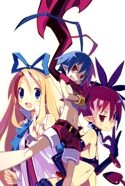 Anime picture 1010x1500 with disgaea etna (disgaea) flonne laharl harada takehito tall image looking at viewer short hair blue eyes simple background blonde hair smile red eyes white background twintails multiple girls blue hair ahoge red hair pointy ears