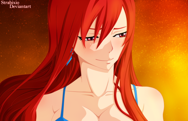 Anime picture 1800x1160 with fairy tail erza scarlet strabixio single long hair highres smile red eyes bare shoulders red hair coloring portrait light orange background girl earrings