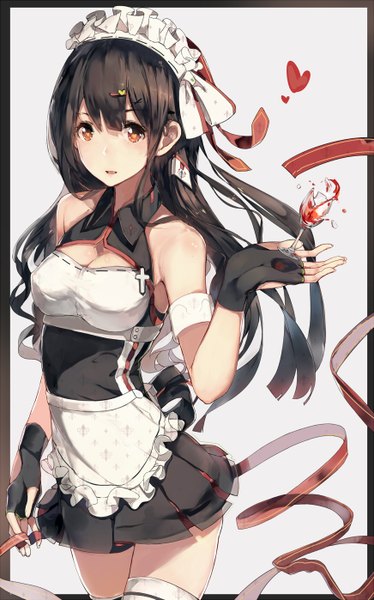 Anime picture 872x1398 with original hadean92 single long hair tall image looking at viewer blush black hair simple background white background maid orange eyes border symbol-shaped pupils revision heart-shaped pupils broken girl thighhighs dress