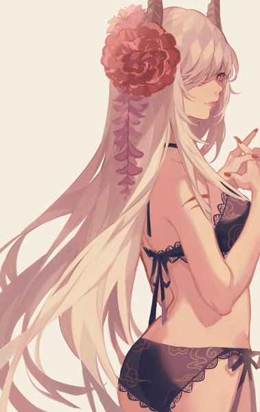 Anime picture 1600x2530 with original kane (kanekiru) single long hair tall image fringe breasts light erotic simple background red eyes standing payot looking away ass nail polish hair flower horn (horns) fingernails lips grey hair