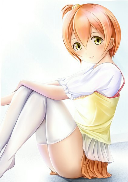 Anime picture 703x1000 with love live! school idol project sunrise (studio) love live! hoshizora rin nannacy7 single tall image looking at viewer blush short hair light erotic white background sitting yellow eyes orange hair girl thighhighs dress white thighhighs