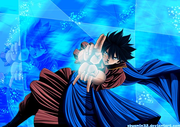 Anime picture 1843x1300 with fairy tail zeref abuamin32 single highres short hair black hair simple background purple eyes coloring magic zoom layer boy cloak