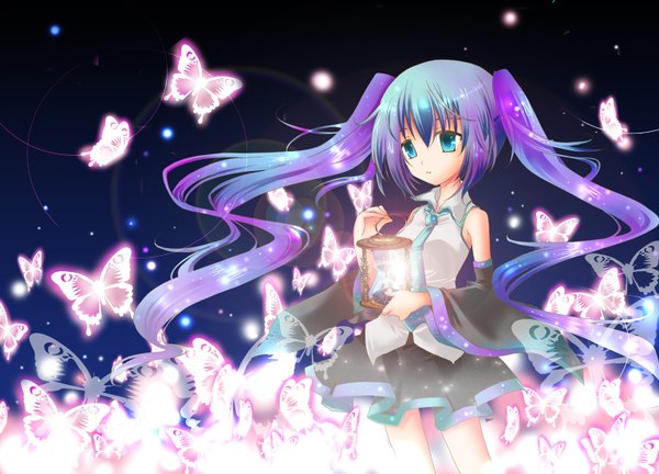 Anime picture 1534x1107 with vocaloid hatsune miku yuuki kira single long hair twintails multicolored hair aqua eyes girl skirt detached sleeves miniskirt necktie insect butterfly clock hourglass