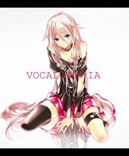 Anime picture 1200x1448 with vocaloid ia (vocaloid) washi (micino) single tall image looking at viewer fringe bare shoulders braid (braids) very long hair shadow twin braids multicolored eyes girl thighhighs skirt boots pendant thigh boots ring
