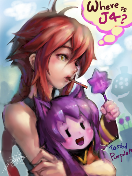 Anime picture 768x1024 with league of legends lulu (league of legends) shyvana (league of legends) phantom (ptcrow) long hair tall image blush open mouth smile multiple girls green eyes animal ears purple hair red hair lips girl 2 girls