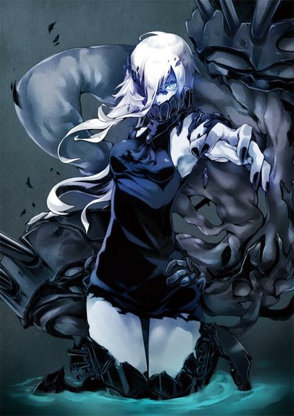 Anime picture 600x849 with kantai collection ne-class heavy cruiser pokimari single long hair tall image looking at viewer fringe blue eyes standing white hair nail polish fingernails hair over one eye grey background sleeveless partially submerged outstretched arm glowing glowing eye (eyes)