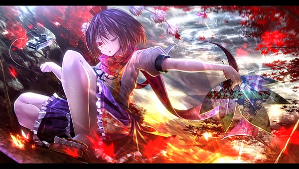 Anime picture 1674x950 with touhou shameimaru aya ryosios single short hair open mouth black hair red eyes wide image one eye closed wink girl dress hat scarf leaf (leaves) fan pom pom (clothes) camera hauchiwa